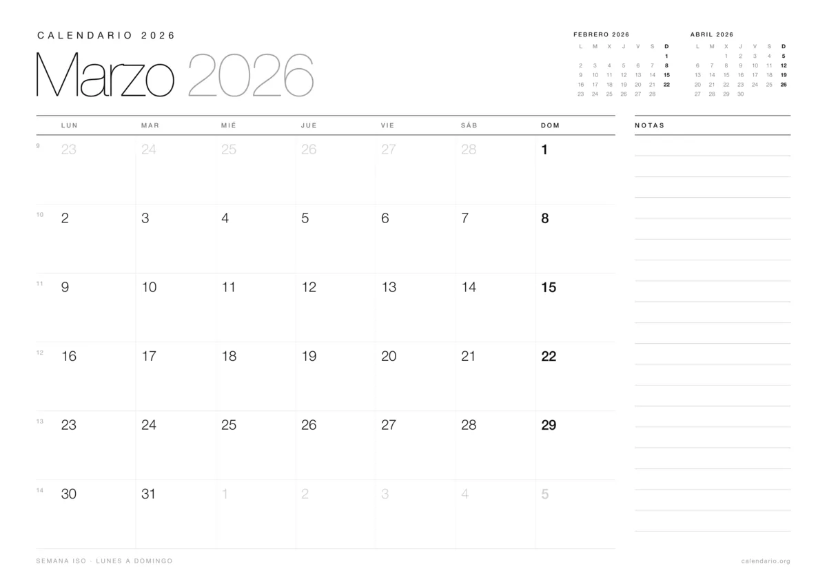 Calendario marzo 2026 para imprimir, diseño minimalista en blanco y negro en hoja A4 horizontal con números de semana y espacio para notas