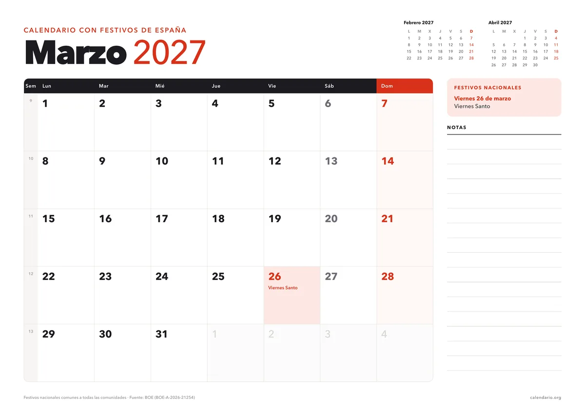 Calendario marzo 2027 para imprimir con festivos de España (Viernes Santo), en hoja A4 horizontal con espacio para notas