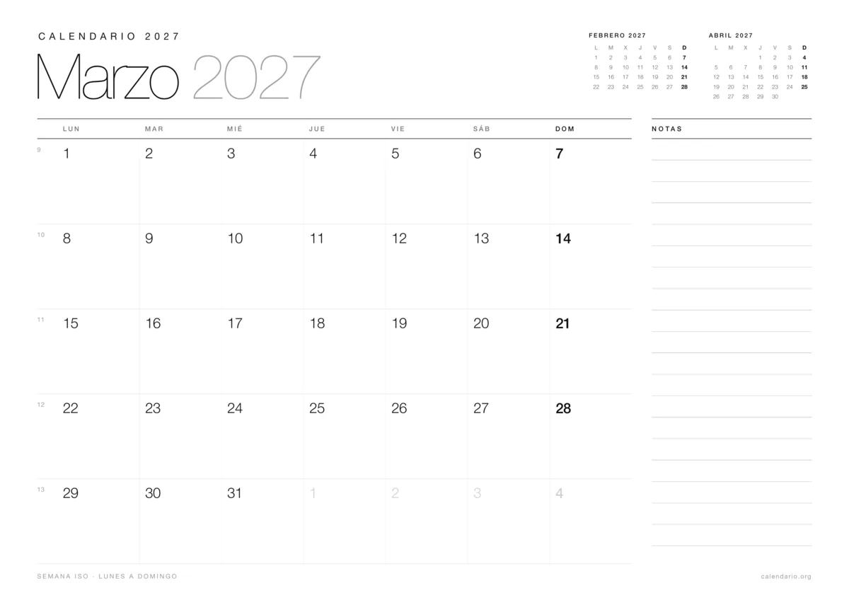 Calendario marzo 2027 para imprimir, diseño minimalista en blanco y negro en hoja A4 horizontal con números de semana y espacio para notas