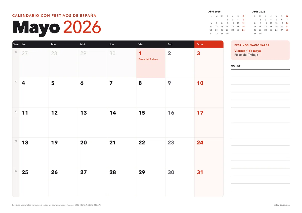 Calendario mayo 2026 para imprimir con festivos de España (Fiesta del Trabajo), en hoja A4 horizontal con espacio para notas