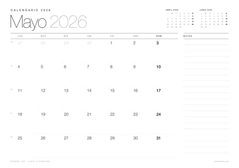 Calendario mayo 2026 para imprimir, diseño minimalista en blanco y negro en hoja A4 horizontal con números de semana y espacio para notas