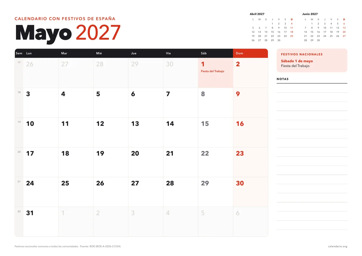 Calendario mayo 2027 para imprimir con festivos de España (Fiesta del Trabajo), en hoja A4 horizontal con espacio para notas