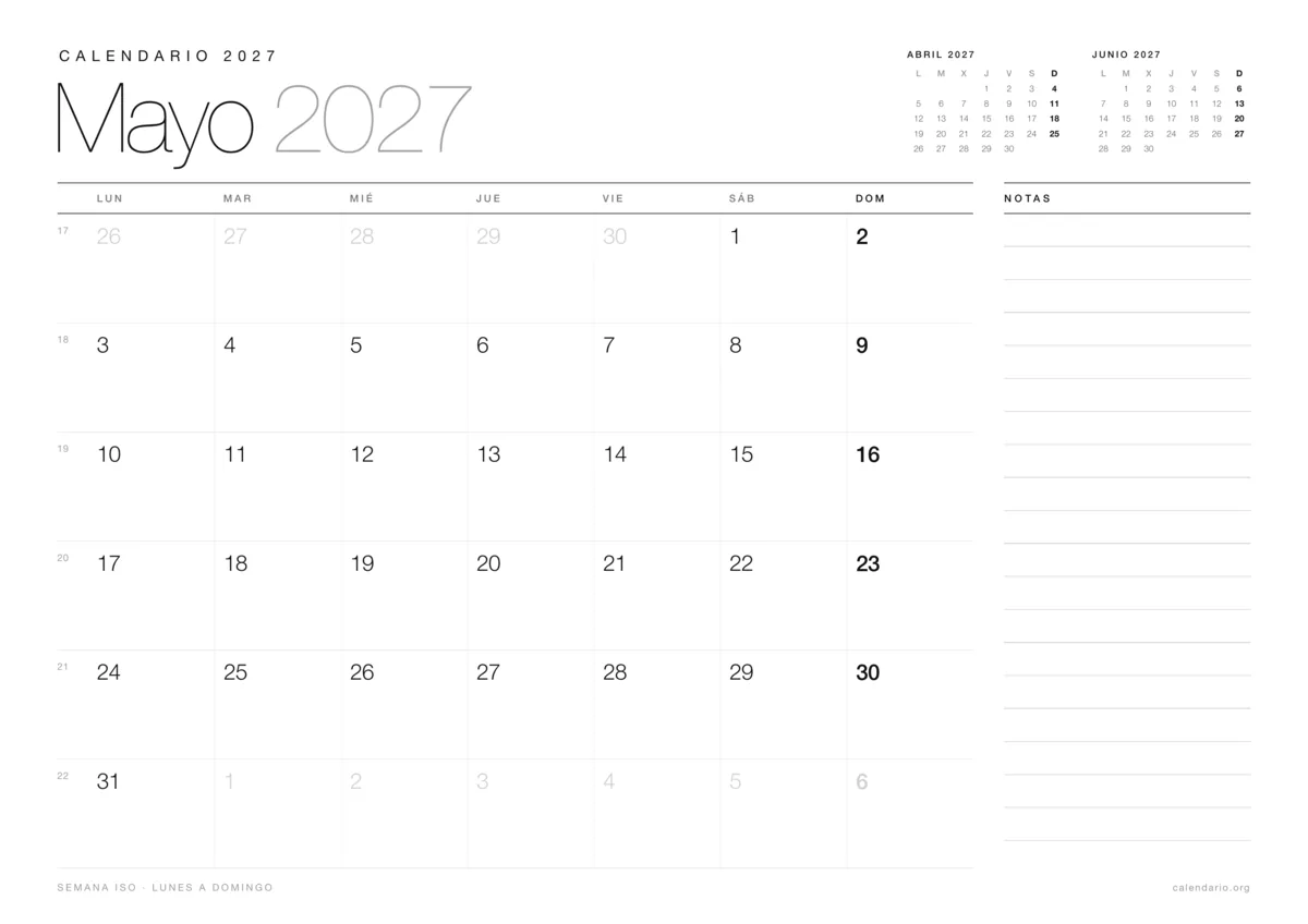 Calendario mayo 2027 para imprimir, diseño minimalista en blanco y negro en hoja A4 horizontal con números de semana y espacio para notas