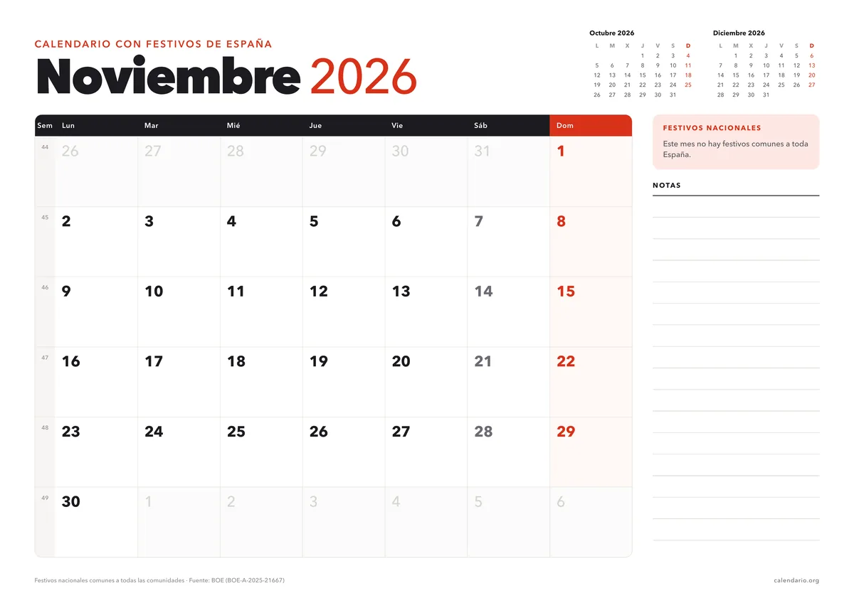 Calendario noviembre 2026 para imprimir con festivos de España, en hoja A4 horizontal con espacio para notas; en noviembre no hay festivos nacionales