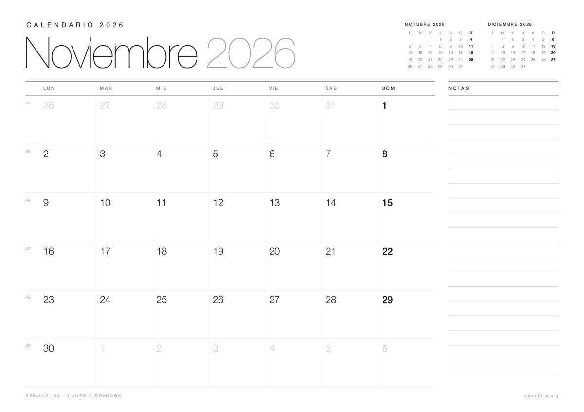 Calendario noviembre 2026 para imprimir, diseño minimalista en blanco y negro en hoja A4 horizontal con números de semana y espacio para notas