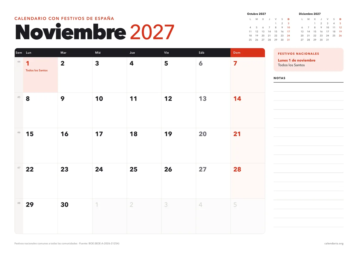 Calendario noviembre 2027 para imprimir con festivos de España (Todos los Santos), en hoja A4 horizontal con espacio para notas