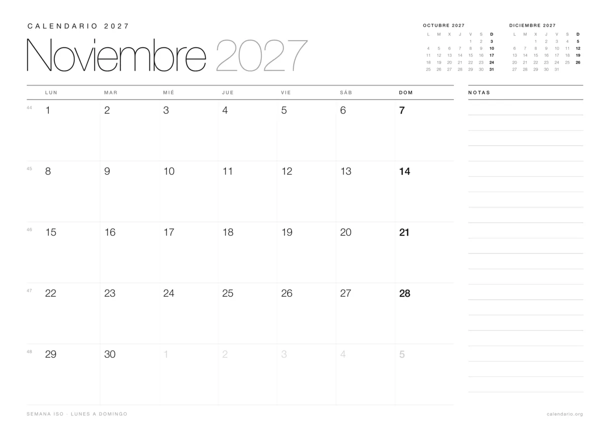 Calendario noviembre 2027 para imprimir, diseño minimalista en blanco y negro en hoja A4 horizontal con números de semana y espacio para notas