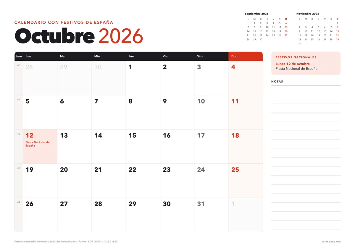 Calendario octubre 2026 para imprimir con festivos de España (Fiesta Nacional de España), en hoja A4 horizontal con espacio para notas