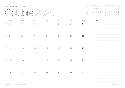 Calendario octubre 2026 para imprimir, diseño minimalista en blanco y negro en hoja A4 horizontal con números de semana y espacio para notas