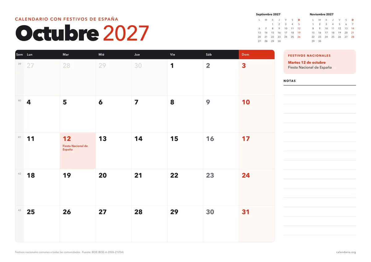 Calendario octubre 2027 para imprimir con festivos de España (Fiesta Nacional de España), en hoja A4 horizontal con espacio para notas