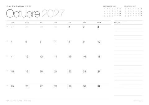 Calendario octubre 2027 para imprimir, diseño minimalista en blanco y negro en hoja A4 horizontal con números de semana y espacio para notas