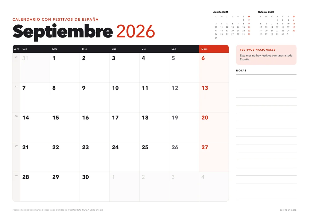 Calendario septiembre 2026 para imprimir con festivos de España, en hoja A4 horizontal con espacio para notas; en septiembre no hay festivos nacionales