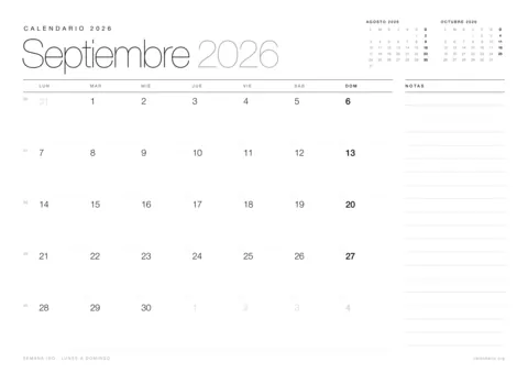 Calendario septiembre 2026 para imprimir, diseño minimalista en blanco y negro en hoja A4 horizontal con números de semana y espacio para notas