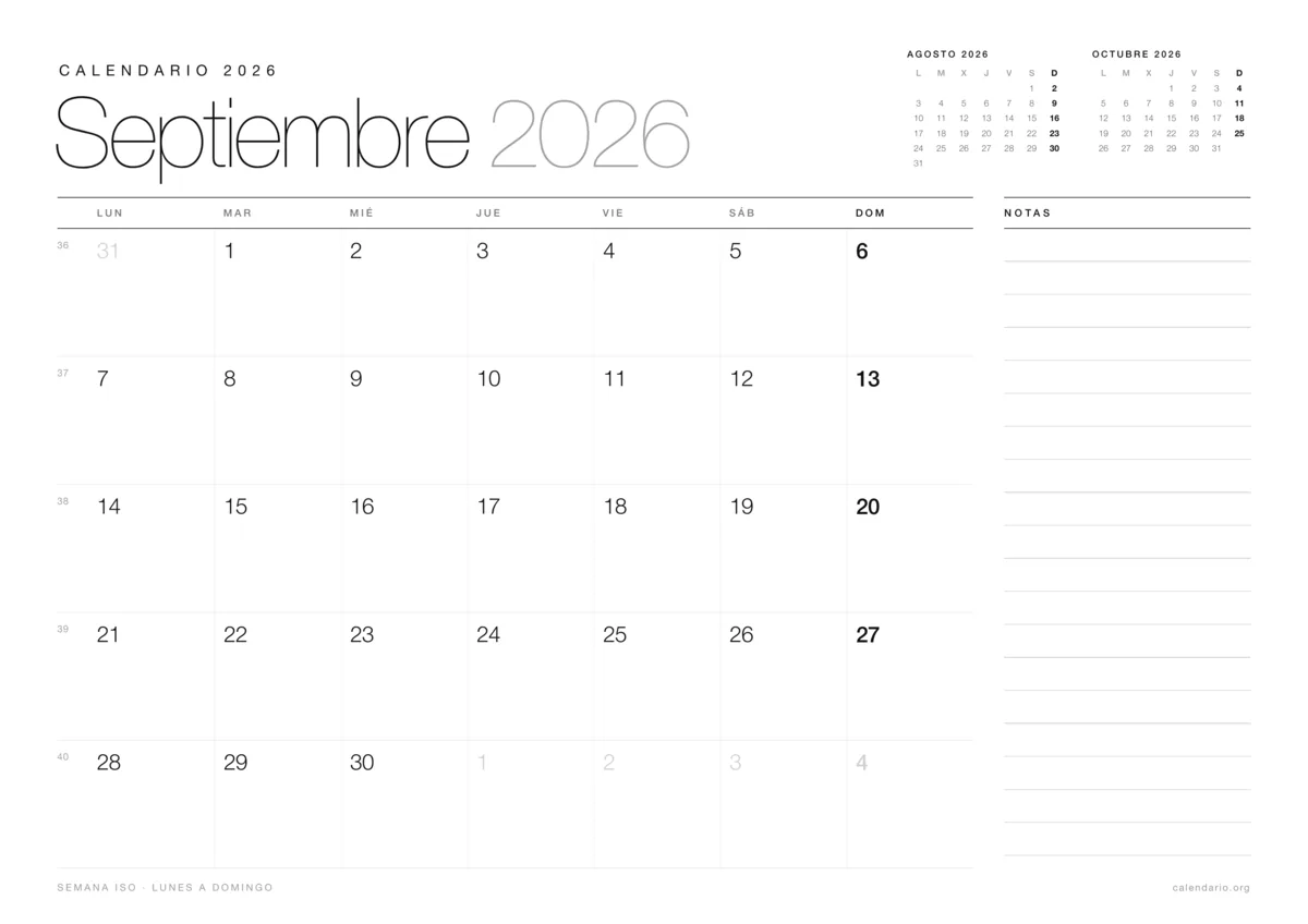 Calendario septiembre 2026 para imprimir, diseño minimalista en blanco y negro en hoja A4 horizontal con números de semana y espacio para notas