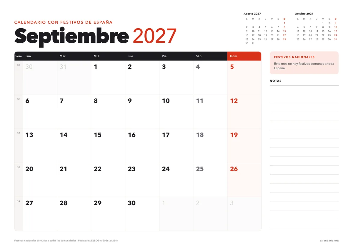 Calendario septiembre 2027 para imprimir con festivos de España, en hoja A4 horizontal con espacio para notas; en septiembre no hay festivos nacionales