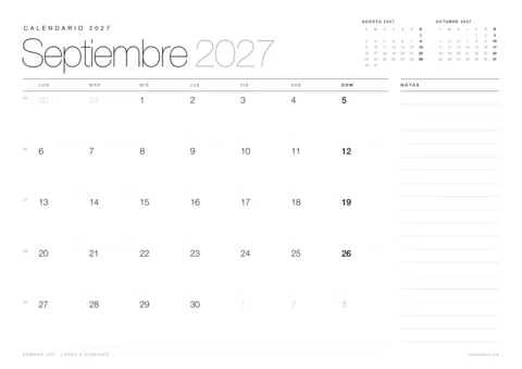 Calendario septiembre 2027 para imprimir, diseño minimalista en blanco y negro en hoja A4 horizontal con números de semana y espacio para notas